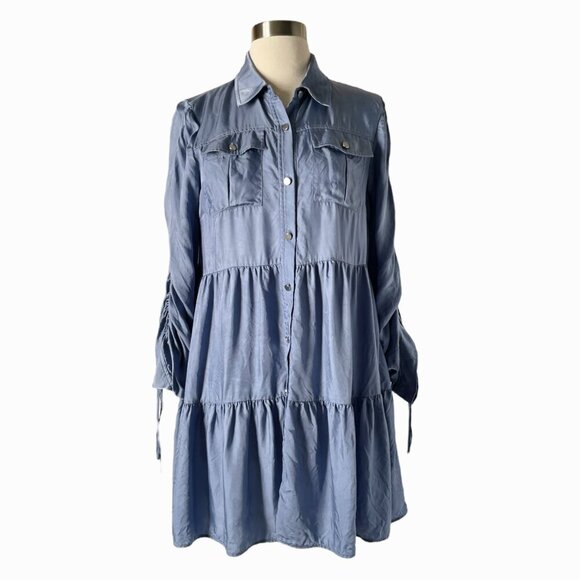 Cinq a Sept Tillie Blue Cupro Shirt Dress Tiered Long Sleeve Small - Picture 7 of 7